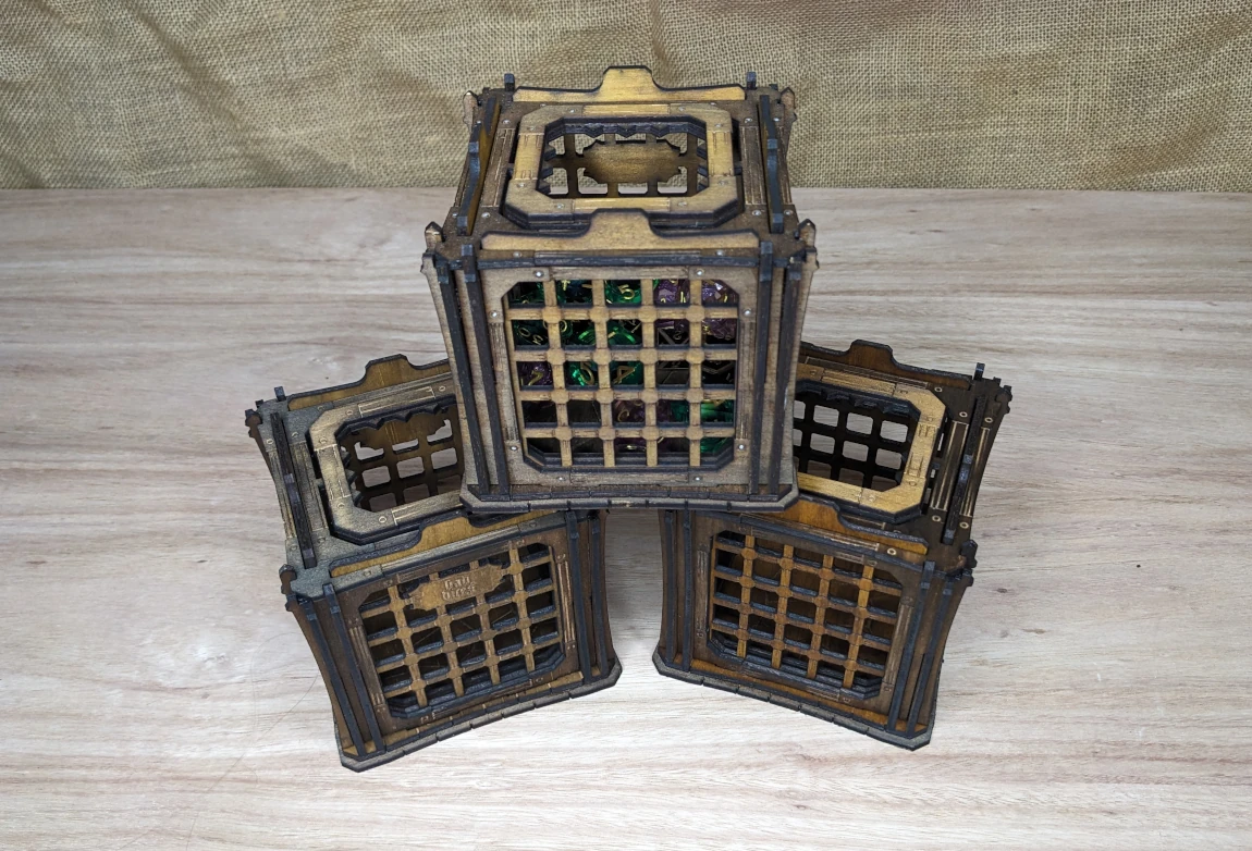 Wooden dice jail designed to hold multiple dice, inspired by tabletop role-playing game traditions.